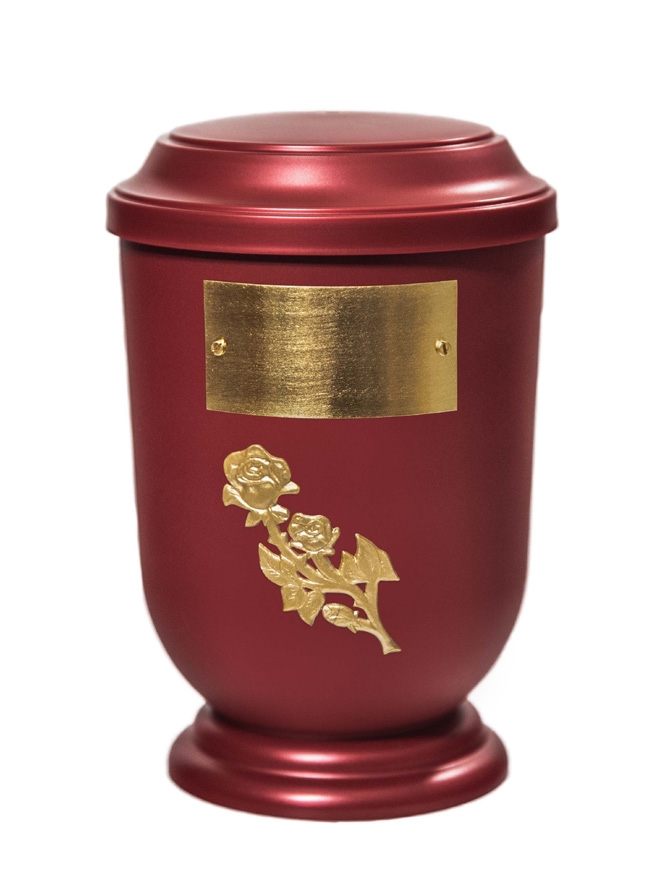 Pohřební Plastová urna na popel, oválné prohlé víčko, červená, štítek č. 50, 100 x 50, růže