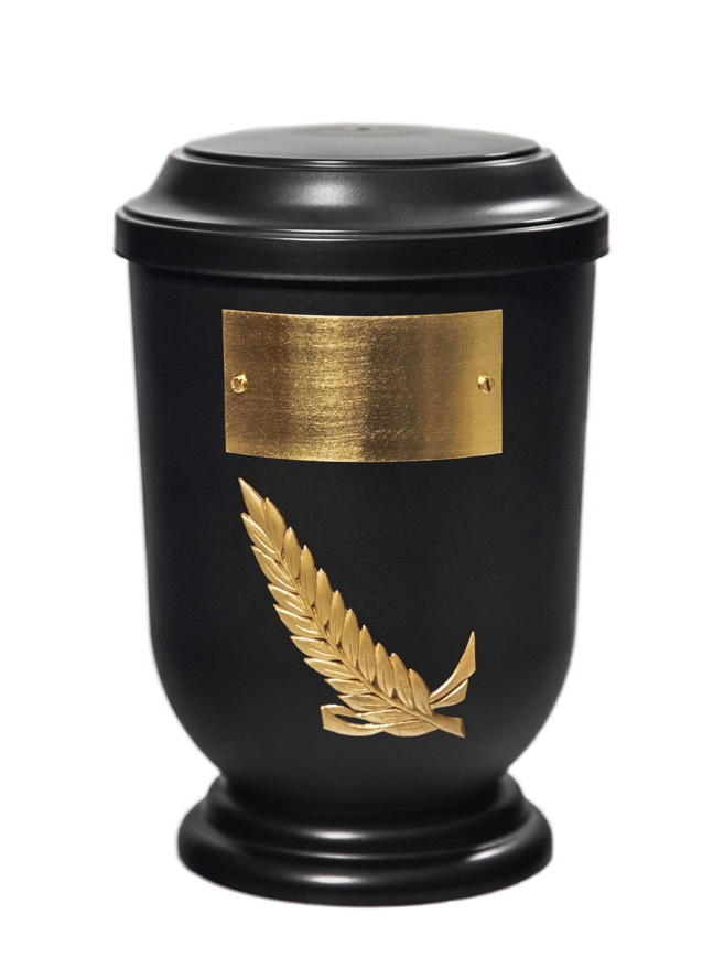 Pohřební Plastová urna na popel, oválné prohlé víčko, černá, štítek č. 50, 100 x 50, snítka