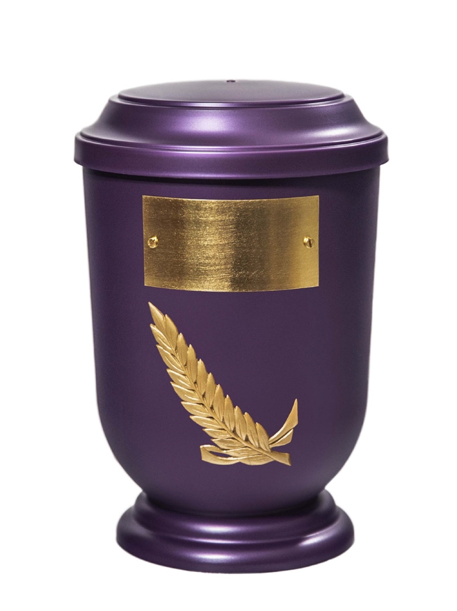 Pohřební Plastová urna na popel, oválné prohlé víčko, fialová, štítek č. 50, 100 x 50, snítka