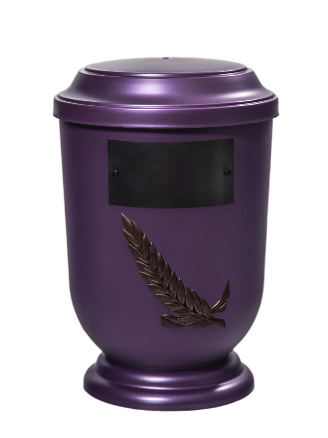 Pohřební Plastová urna na popel, oválné prohlé víčko, fialová, štítek č. 51, 100 x 50, snítka
