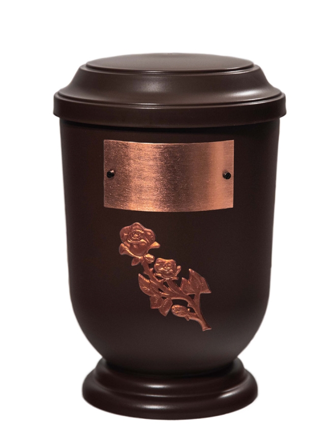 Pohřební Plastová urna na popel, oválné prohlé víčko, hnědá, štítek č. 53, 100 x 50, růže