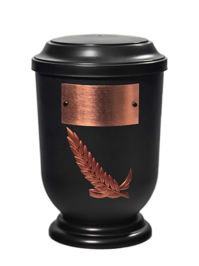 Pohřební Plastová urna na popel, oválné prohlé víčko, černá, štítek č. 53, 100 x 50, snítka