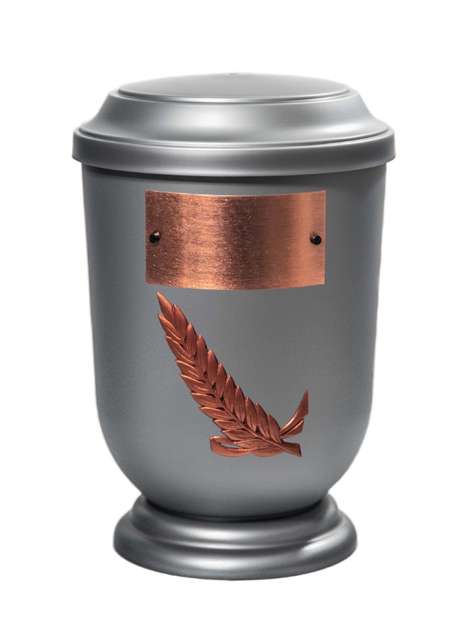 Pohřební Plastová urna na popel, oválné prohlé víčko, stříbrná, štítek č. 53, 100 x 50, snítka