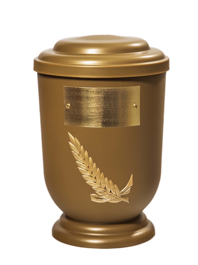 Pohřební Plastová urna na popel, oválné oblé víčko, zlatá, štítek č. 50, 100 x 50, snítka