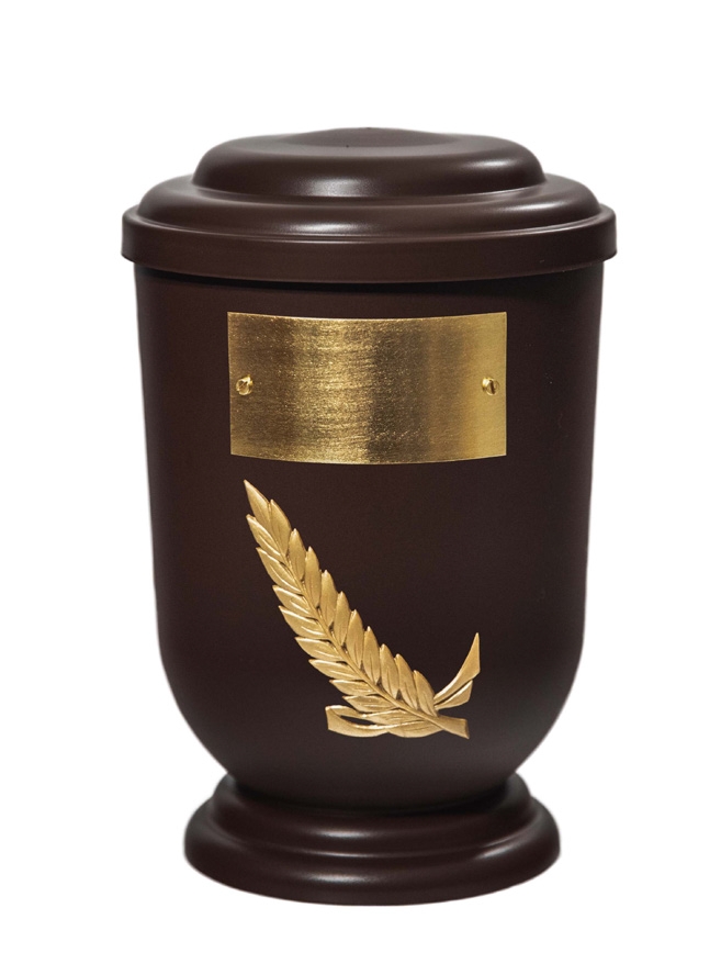 Pohřební Plastová urna na popel, oválné oblé víčko, hnědá, štítek č. 50, 100 x 50, snítka