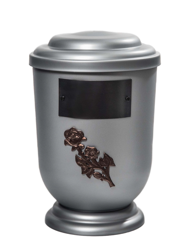 Pohřební Plastová urna na popel, oválné oblé víčko, stříbrná, štítek č. 51, 100 x 50, růže