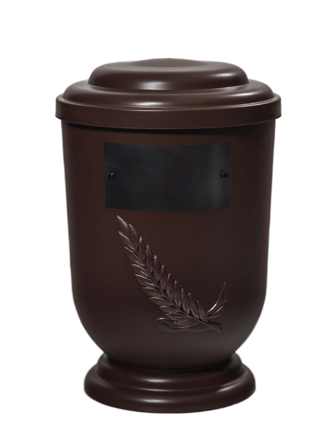 Pohřební Plastová urna na popel, oválné oblé víčko, hnědá, štítek č. 51, 100 x 50, snítka