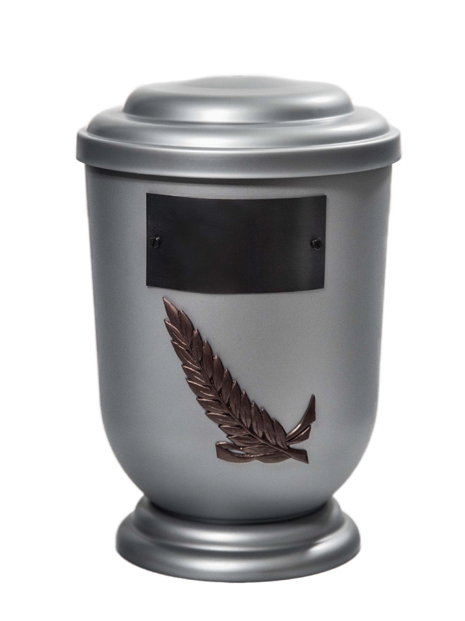 Pohřební Plastová urna na popel, oválné oblé víčko, stříbrná, štítek č. 51, 100 x 50, snítka
