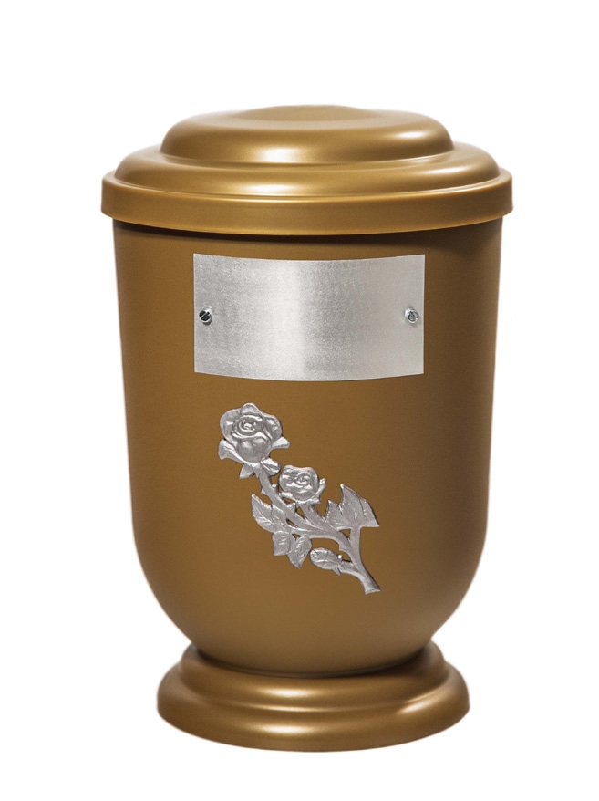 Pohřební Plastová urna na popel, oválné oblé víčko, zlatá, štítek č. 52, 100 x 50, růže