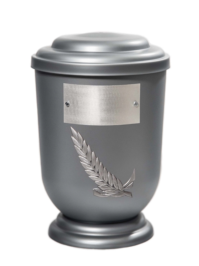 Pohřební Plastová urna na popel, oválné oblé víčko, stříbrná, štítek č. 52, 100 x 50, snítka