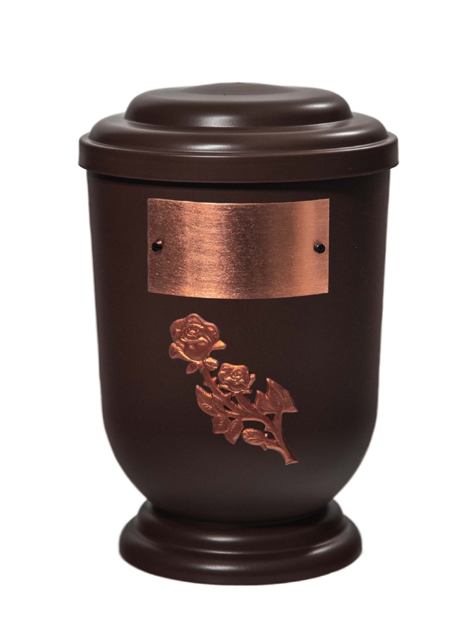 Pohřební Plastová urna na popel, oválné oblé víčko, hnědá, štítek č. 53, 100 x 50, růže