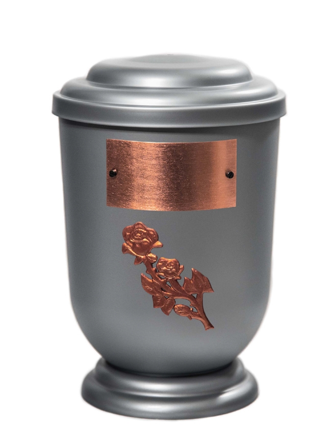 Pohřební Plastová urna na popel, oválné oblé víčko, stříbrná, štítek č. 53, 100 x 50, růže