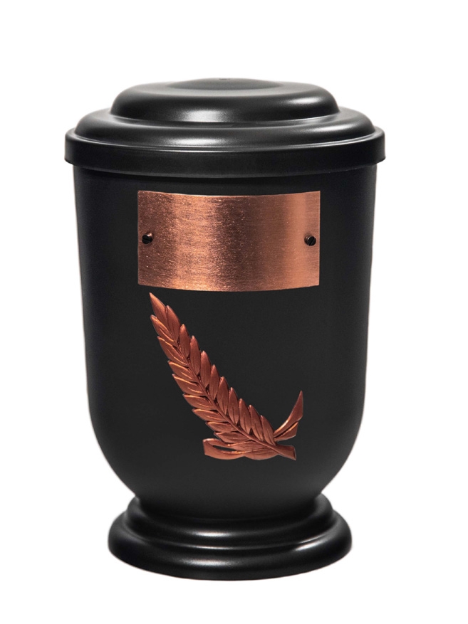 Pohřební Plastová urna na popel, oválné oblé víčko, černá, štítek č. 53, 100 x 50, snítka
