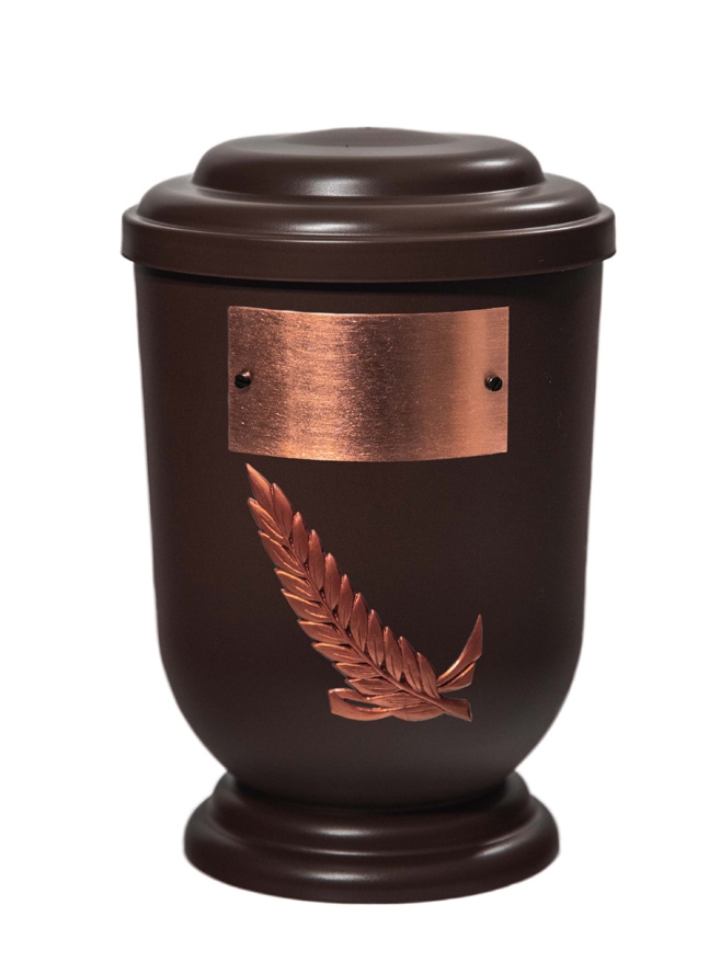 Pohřební Plastová urna na popel, oválné oblé víčko, hnědá, štítek č. 53, 100 x 50, snítka