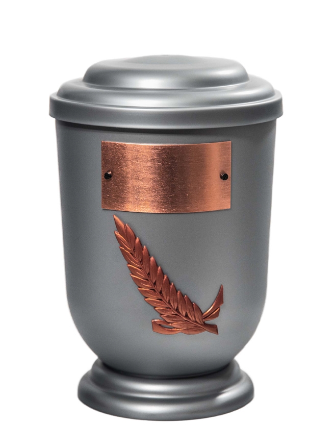 Pohřební Plastová urna na popel, oválné oblé víčko, stříbrná, štítek č. 53, 100 x 50, snítka