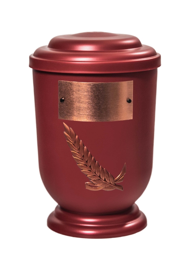 Pohřební Plastová urna na popel, oválné oblé víčko, červená, štítek č. 53, 100 x 50, snítka