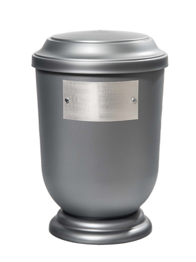 Pohřební Plastová urna na popel, oválné prohlé víčko, stříbrná, štítek č. 52, 100 x 50, bez výzdoby