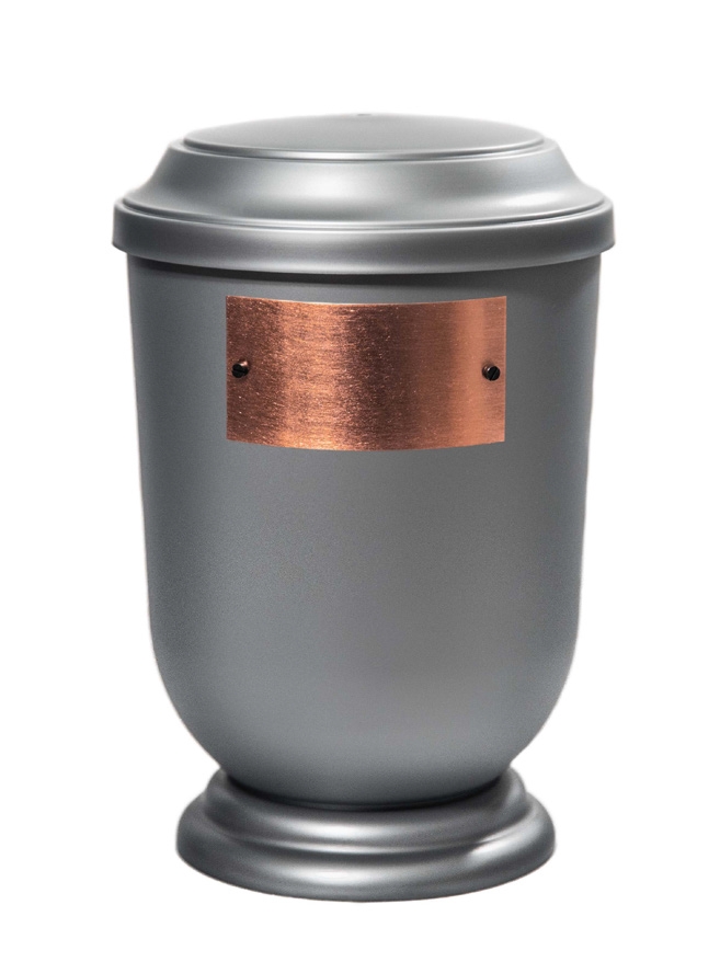 Pohřební Plastová urna na popel, oválné prohlé víčko, stříbrná, štítek č. 53, 100 x 50, bez výzdoby