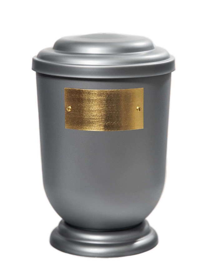 Pohřební Plastová urna na popel, oválné oblé víčko, stříbrná, štítek č. 50, 100 x 50, bez výzdoby