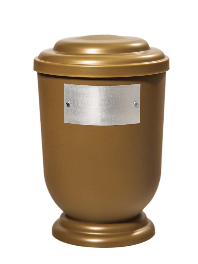 Pohřební Plastová urna na popel, oválné oblé víčko, zlatá, štítek č. 52, 100 x 50, bez výzdoby