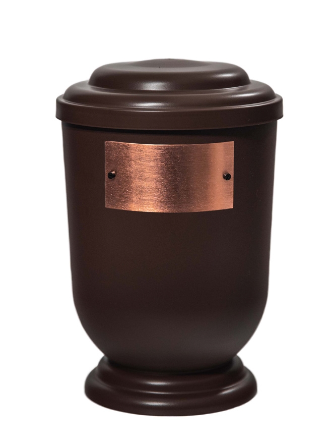 Pohřební Plastová urna na popel, oválné oblé víčko, hnědá, štítek č. 53, 100 x 50, bez výzdoby