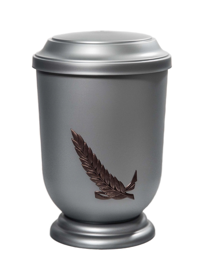 Pohřební Plastová urna na popel, oválné prohlé víčko, stříbrná, bez štítku, snítka