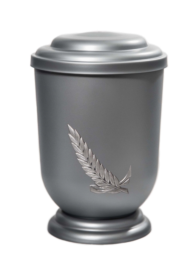 Pohřební Plastová urna na popel, oválné oblé víčko, stříbrná, bez štítku, snítka
