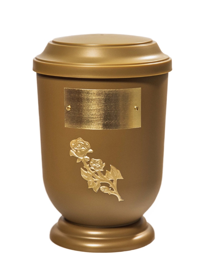 Pohřební Plastová urna na popel, oválné prohlé víčko, zlatá, štítek č. 50, 100 x 50, růže