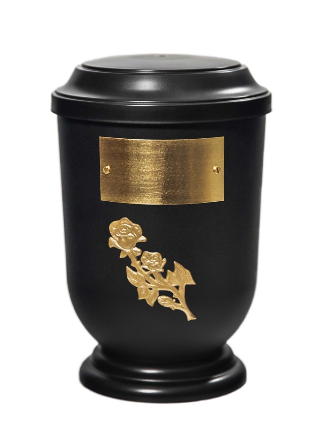 Pohřební Plastová urna na popel, oválné prohlé víčko, černá, štítek č. 50, 100 x 50, růže