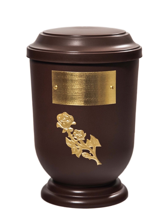 Pohřební Plastová urna na popel, oválné prohlé víčko, hnědá, štítek č. 50, 100 x 50, růže