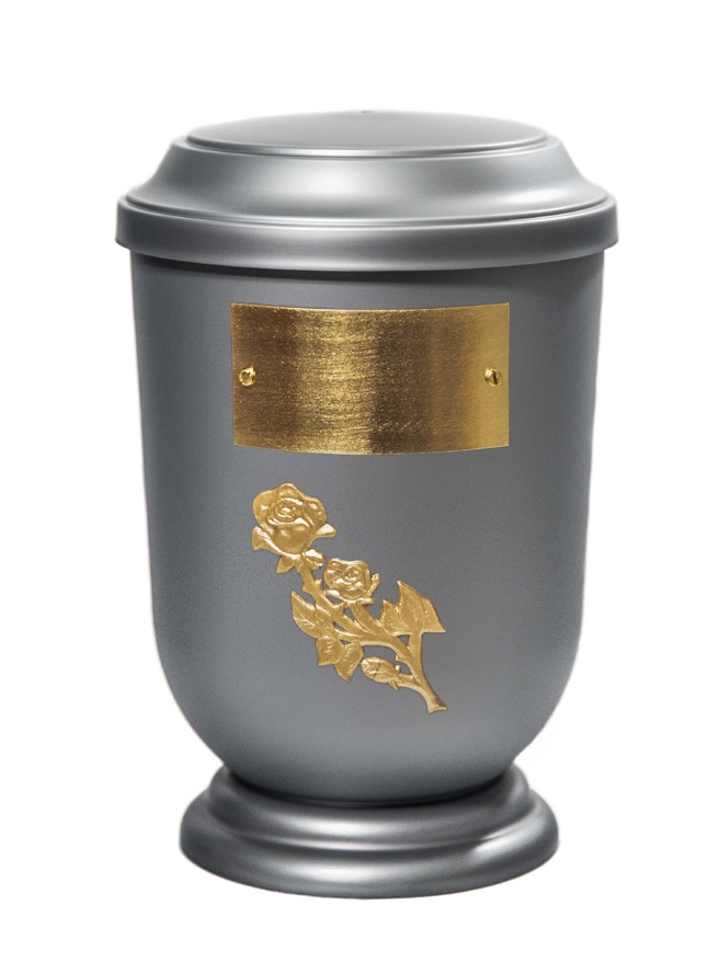 Pohřební Plastová urna na popel, oválné prohlé víčko, stříbrná, štítek č. 50, 100 x 50, růže