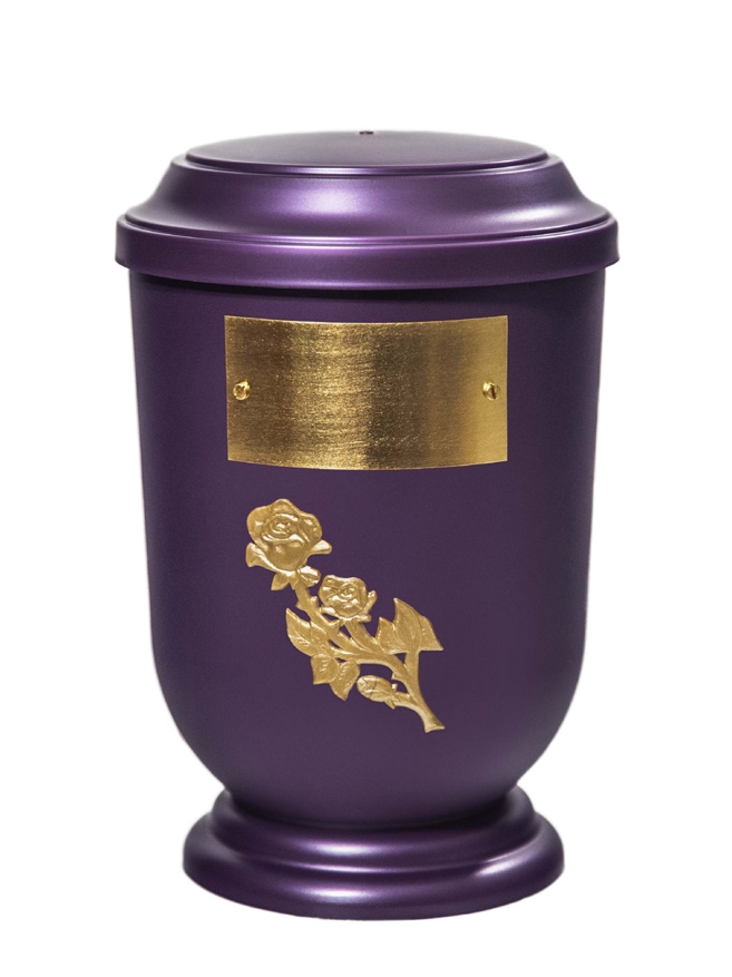 Pohřební Plastová urna na popel, oválné prohlé víčko, fialová, štítek č. 50, 100 x 50, růže