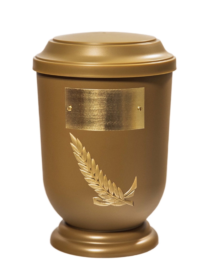 Pohřební Plastová urna na popel, oválné prohlé víčko, zlatá, štítek č. 50, 100 x 50, snítka