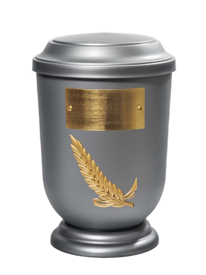 Pohřební Plastová urna na popel, oválné prohlé víčko, stříbrná, štítek č. 50, 100 x 50, snítka