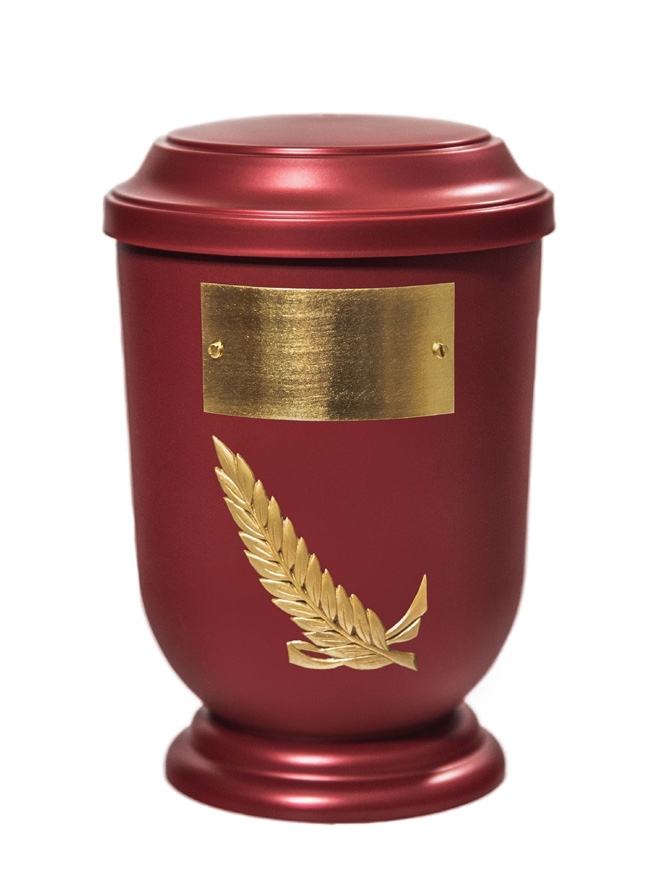 Pohřební Plastová urna na popel, oválné prohlé víčko, červená, štítek č. 50, 100 x 50, snítka