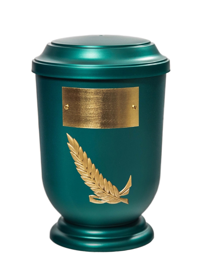Pohřební Plastová urna na popel, oválné prohlé víčko, zelená, štítek č. 50, 100 x 50, snítka