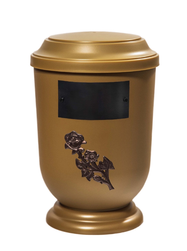 Pohřební Plastová urna na popel, oválné prohlé víčko, zlatá, štítek č. 51, 100 x 50, růže