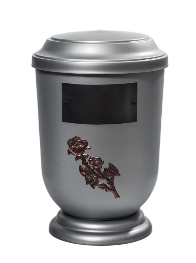 Pohřební Plastová urna na popel, oválné prohlé víčko, stříbrná, štítek č. 51, 100 x 50, růže