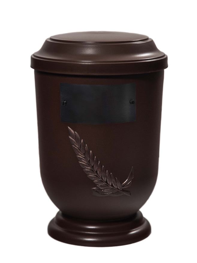 Pohřební Plastová urna na popel, oválné prohlé víčko, hnědá, štítek č. 51, 100 x 50, snítka