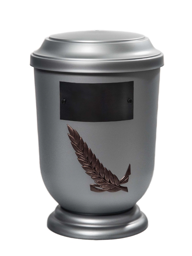 Pohřební Plastová urna na popel, oválné prohlé víčko, stříbrná, štítek č. 51, 100 x 50, snítka
