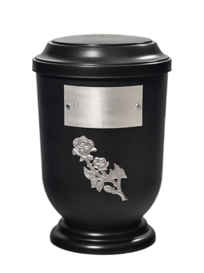 Pohřební Plastová urna na popel, oválné prohlé víčko, černá, štítek č. 52, 100 x 50, růže