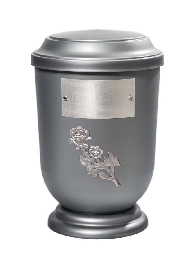 Pohřební Plastová urna na popel, oválné prohlé víčko, stříbrná, štítek č. 52, 100 x 50, růže