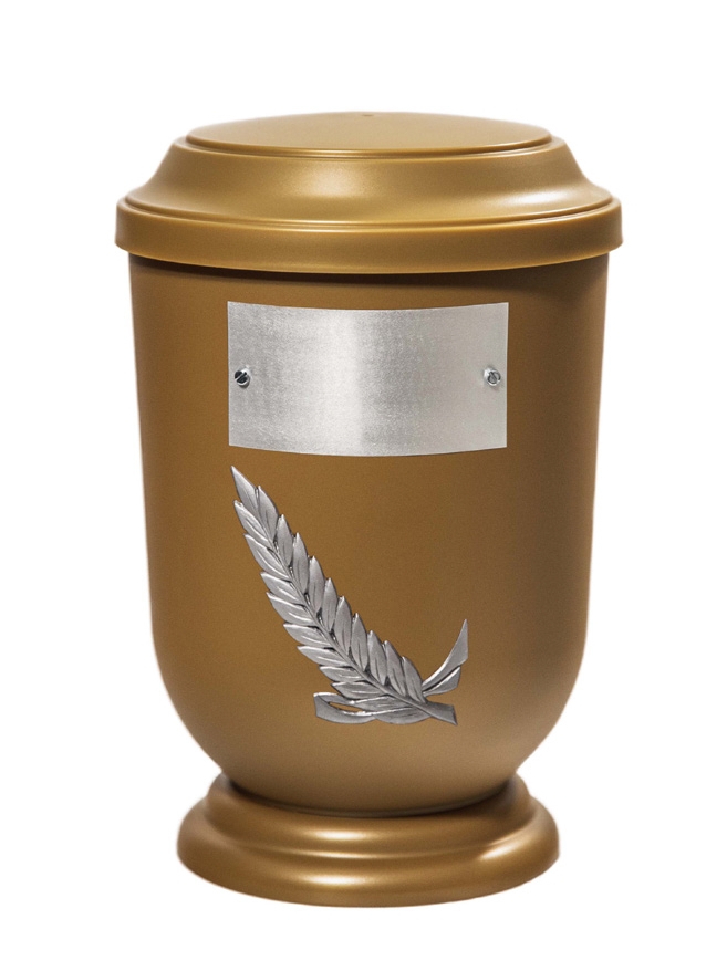 Pohřební Plastová urna na popel, oválné prohlé víčko, zlatá, štítek č. 52, 100 x 50, snítka