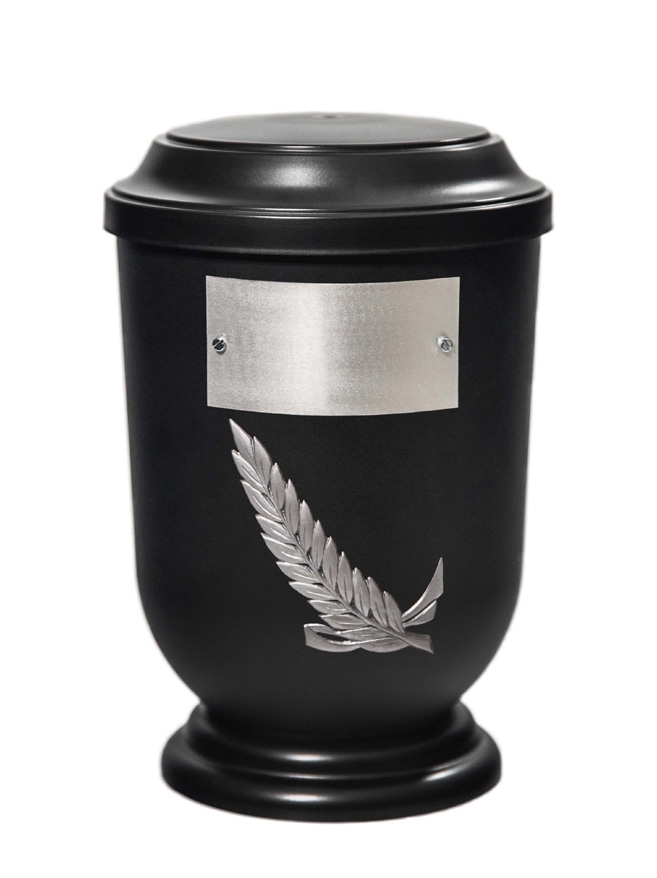 Pohřební Plastová urna na popel, oválné prohlé víčko, černá, štítek č. 52, 100 x 50, snítka