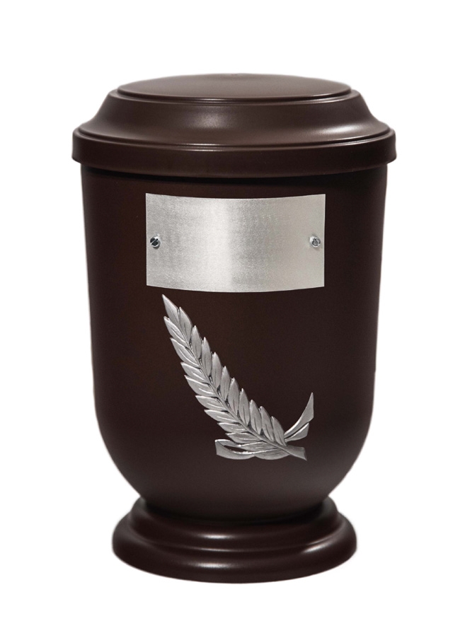 Pohřební Plastová urna na popel, oválné prohlé víčko, hnědá, štítek č. 52, 100 x 50, snítka