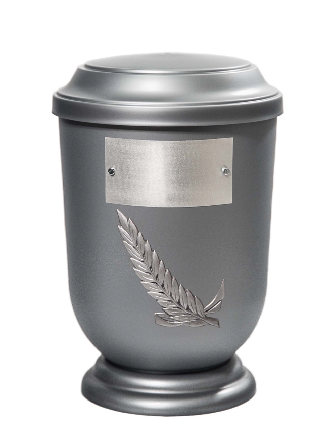 Pohřební Plastová urna na popel, oválné prohlé víčko, stříbrná, štítek č. 52, 100 x 50, snítka