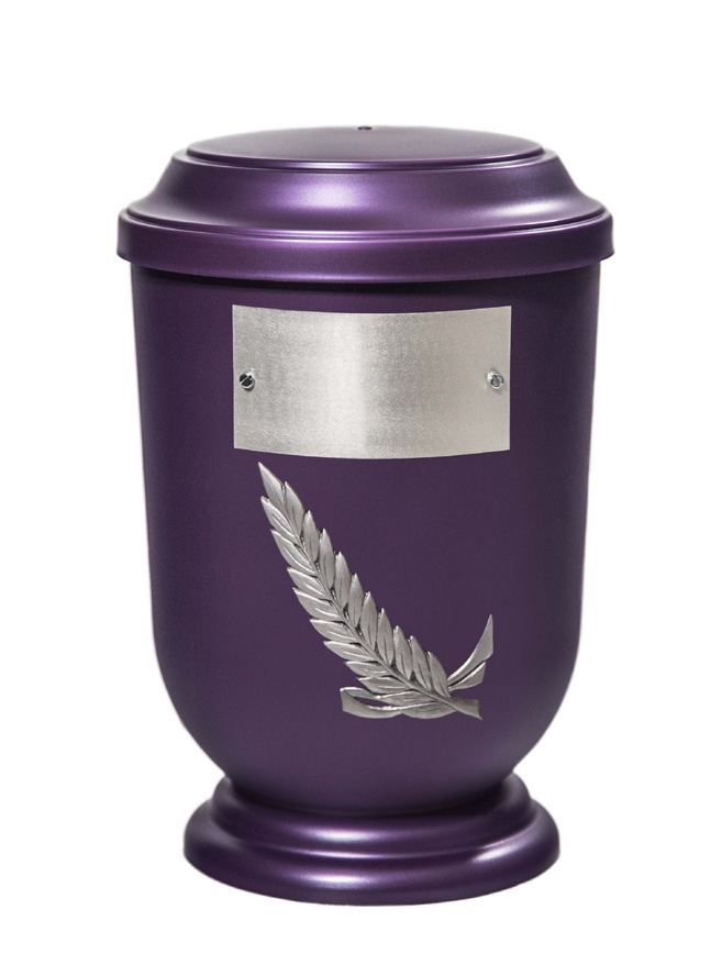 Pohřební Plastová urna na popel, oválné prohlé víčko, fialová, štítek č. 52, 100 x 50, snítka