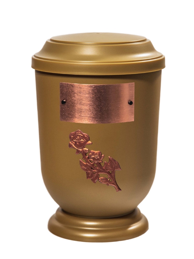 Pohřební Plastová urna na popel, oválné prohlé víčko, zlatá, štítek č. 53, 100 x 50, růže