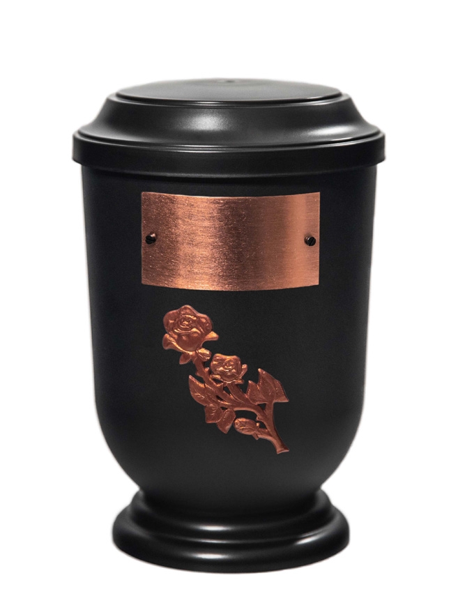 Pohřební Plastová urna na popel, oválné prohlé víčko, černá, štítek č. 53, 100 x 50, růže
