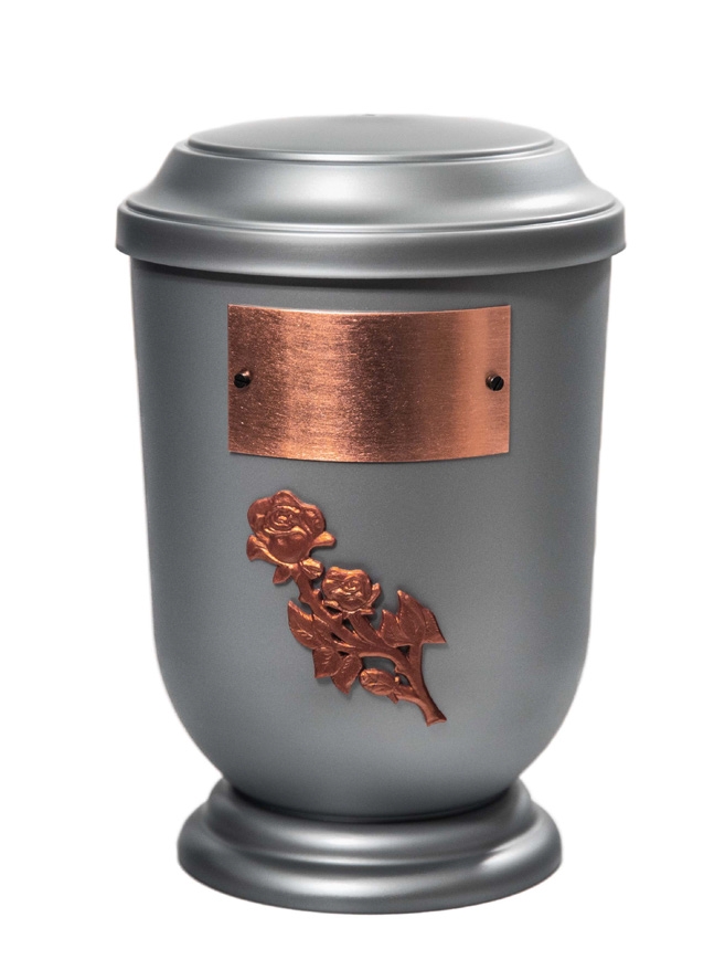 Pohřební Plastová urna na popel, oválné prohlé víčko, stříbrná, štítek č. 53, 100 x 50, růže